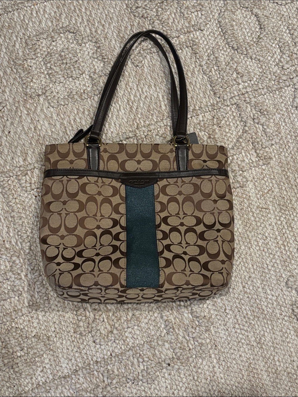 Coach Brown Signature Canvas Tote with Teal Center Stripe